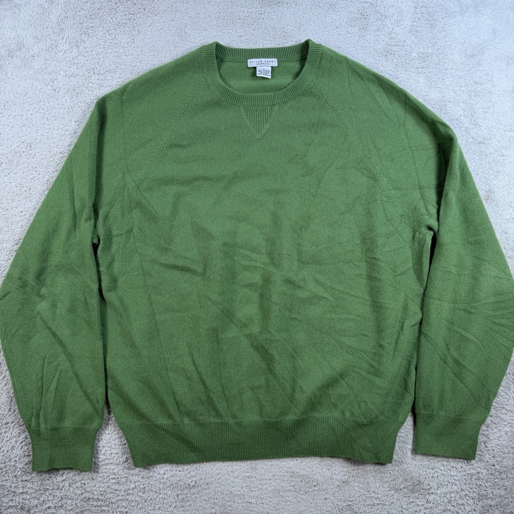 Oliver Perry Sweater Mens Large Green 100% Cashmere Crewneck Pullover Soft